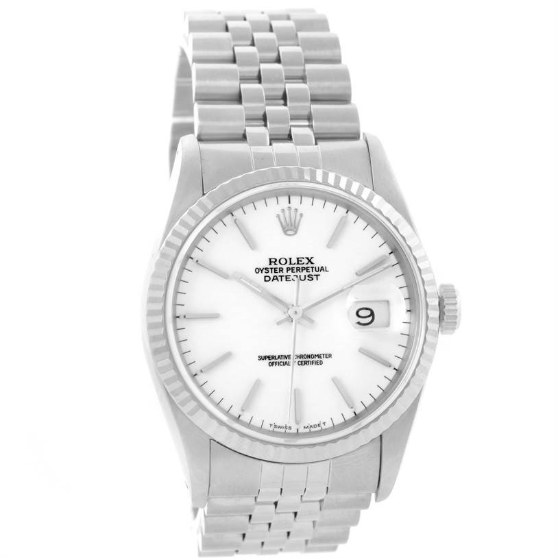 The image shows a front view of a Rolex Datejust 16234 Men's Stainless Steel White Dial 16234 Men's Stainless Steel White Dial watch, including the face, bezel, crown, and bracelet.