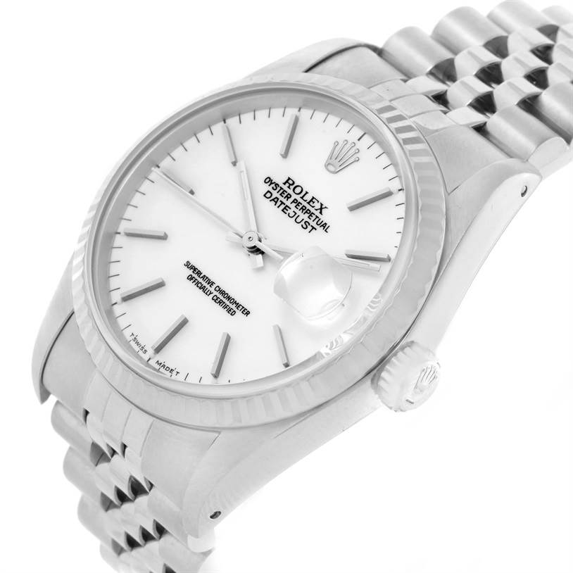 The image shows a Rolex Datejust 16234 Men's Stainless Steel White Dial 16234 Men's Stainless Steel White Dial watch at a slight angle, highlighting the dial, bezel, crown, and part of the bracelet.