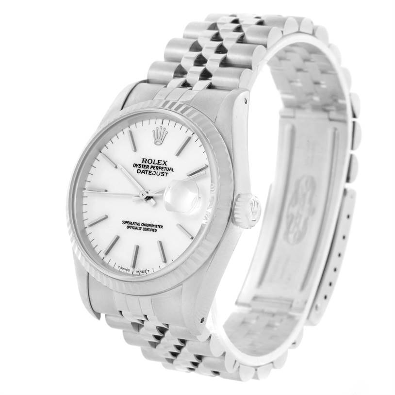 This image shows a side angle of a Rolex Datejust 16234 Men's Stainless Steel White Dial 16234 Men's Stainless Steel White Dial watch, displaying the dial, crown, and bracelet.