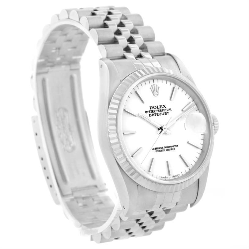 The image shows a Rolex Datejust 16234 Men's Stainless Steel White Dial 16234 Men's Stainless Steel White Dial watch from a front angle, highlighting its dial, bezel, crown, and part of its jubilee bracelet.