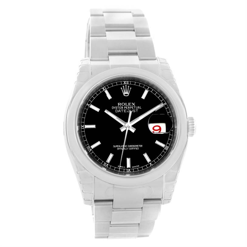 The image shows a front view of a Rolex Datejust 116200BKSO Men's Stainless Steel Black Dial 116200BKSO Men's Stainless Steel Black Dial watch, displaying the entire face, bracelet, and crown.