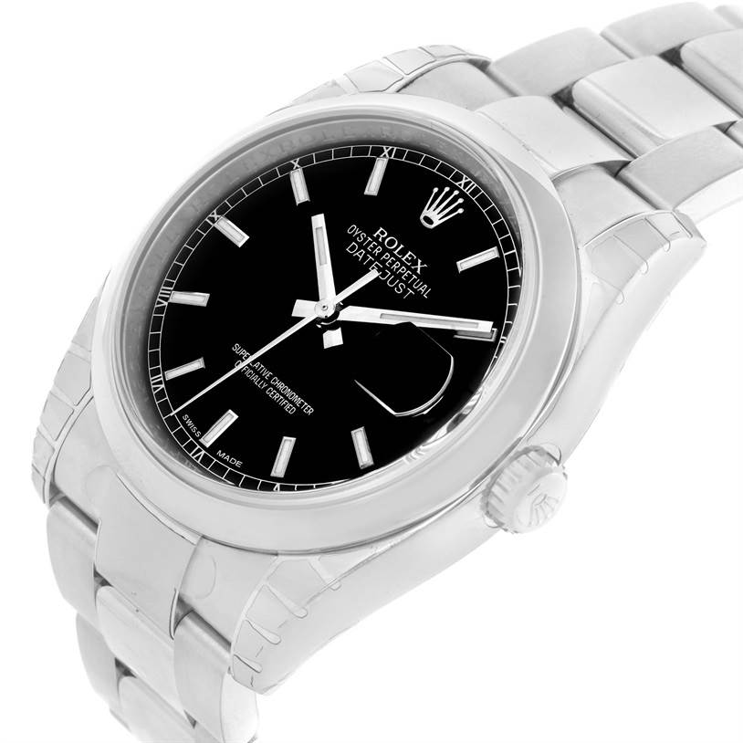 This image shows the Rolex Datejust 116200BKSO Men's Stainless Steel Black Dial 116200BKSO Men's Stainless Steel Black Dial from an oblique angle, highlighting the dial, case, bezel, crown, and part of the bracelet.