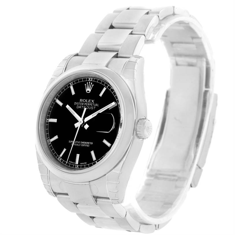 The image shows the Rolex Datejust 116200BKSO Men's Stainless Steel Black Dial 116200BKSO Men's Stainless Steel Black Dial watch from a front angle, highlighting its face, bracelet, and crown.