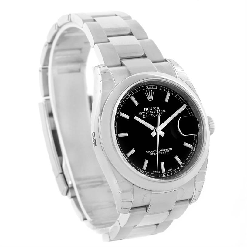 This Rolex Datejust 116200BKSO Men's Stainless Steel Black Dial 116200BKSO Men's Stainless Steel Black Dial watch is shown at a three-quarter angle, displaying the dial, case, bezel, and part of the bracelet.