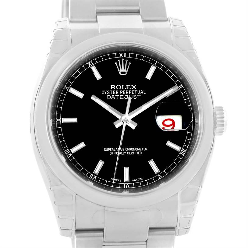 This image shows a front view of the Rolex Datejust 116200BKSO Men's Stainless Steel Black Dial 116200BKSO Men's Stainless Steel Black Dial watch, displaying the face, hands, date window, and part of the bracelet.