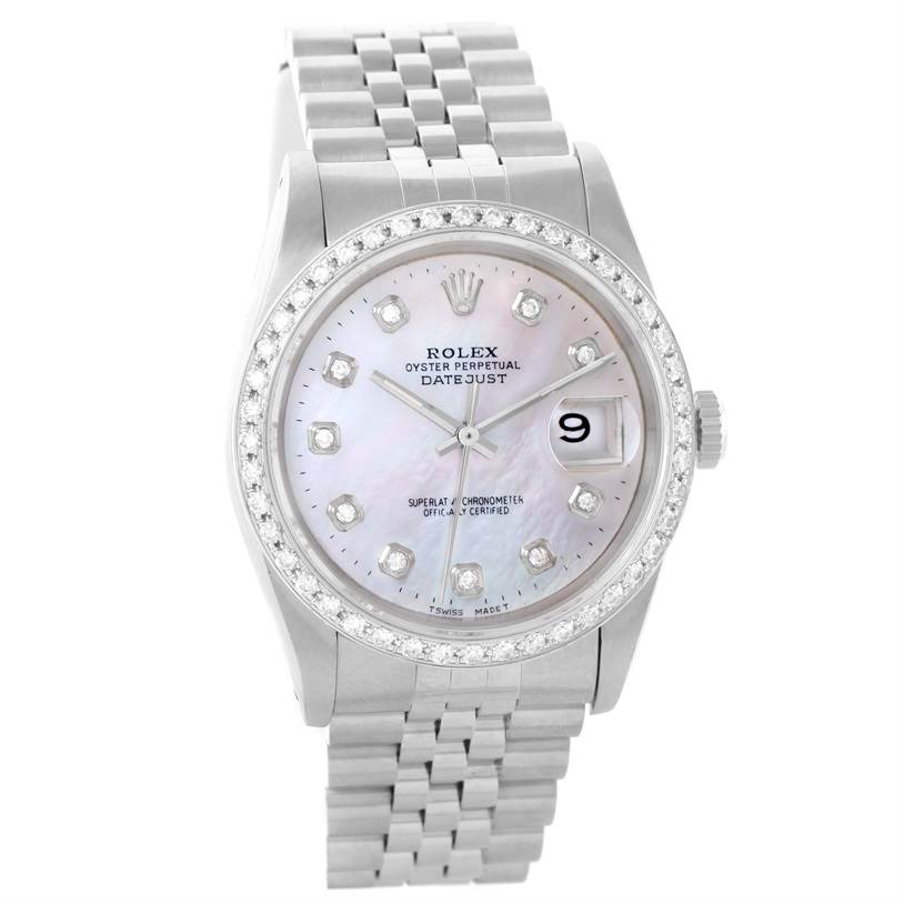 The image shows a front view of a Rolex Datejust 16234 Men
s Stainless Steel Mother of Pearl Dial 16234 Men
s Stainless Steel Mother of Pearl Dial watch, highlighting the dial, bezel, bracelet, and date indicator.