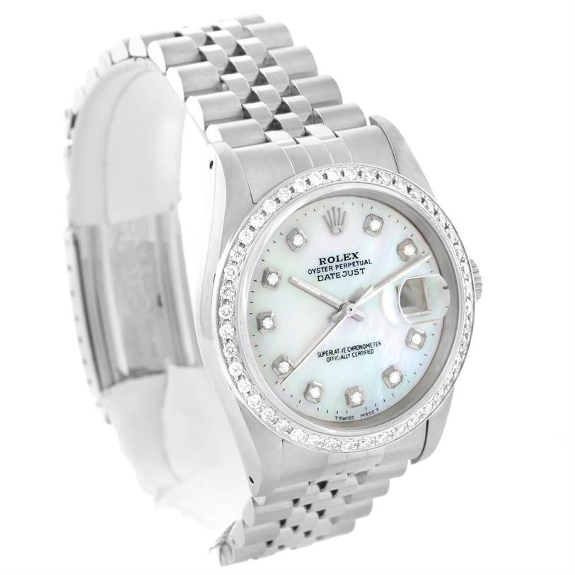 This image shows a Rolex Datejust 16234 Men
s Stainless Steel Mother of Pearl Dial 16234 Men
s Stainless Steel Mother of Pearl Dial watch at a three-quarter angle, highlighting the face, bezel, and partially visible bracelet.