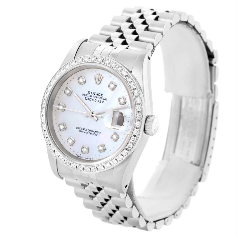 The image shows a Rolex Datejust 16234 Men
s Stainless Steel Mother of Pearl Dial 16234 Men
s Stainless Steel Mother of Pearl Dial watch from a three-quarter view, highlighting the dial, bezel, and bracelet.