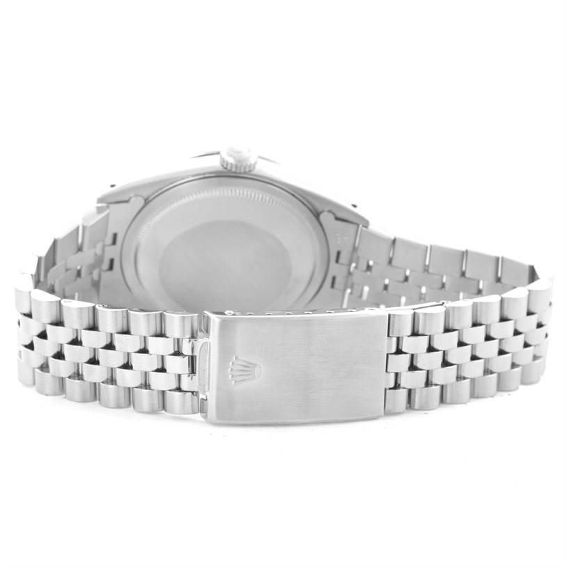 This image shows the back of the Rolex Datejust 16234 Men
s Stainless Steel Mother of Pearl Dial 16234 Men
s Stainless Steel Mother of Pearl Dial watch, highlighting the clasp and Jubilee bracelet.