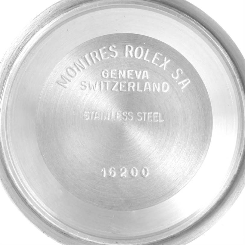 This image shows the inner case back of a Rolex Datejust 16234 Men
s Stainless Steel Mother of Pearl Dial 16234 Men
s Stainless Steel Mother of Pearl Dial watch, displaying the brand, model, material, and place of manufacture.