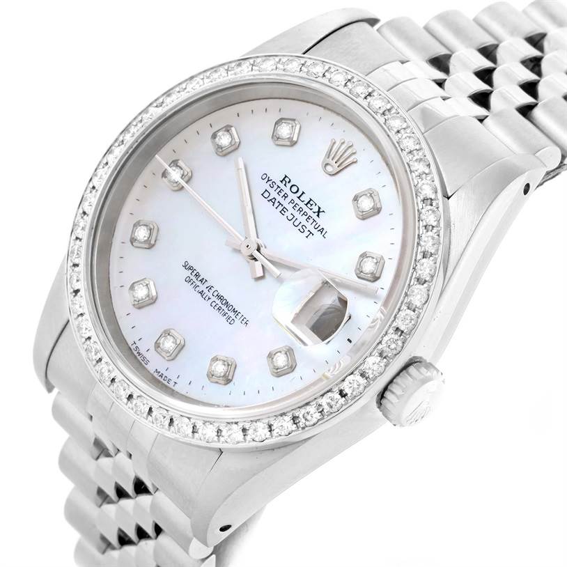 The image shows a close-up, angled view of a Rolex Datejust 16234 Men
s Stainless Steel Mother of Pearl Dial 16234 Men
s Stainless Steel Mother of Pearl Dial watch, highlighting the dial, bezel, crown, and bracelet.