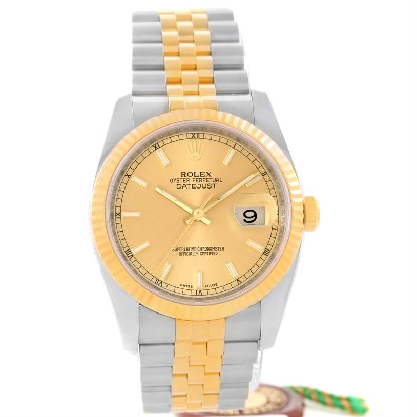 This image shows a front view of the Rolex Datejust 116233-CSJ Men
s Stainless Steel Champagne Dial 116233-CSJ Men
s Stainless Steel Champagne Dial watch, highlighting its oyster bracelet and champagne dial.