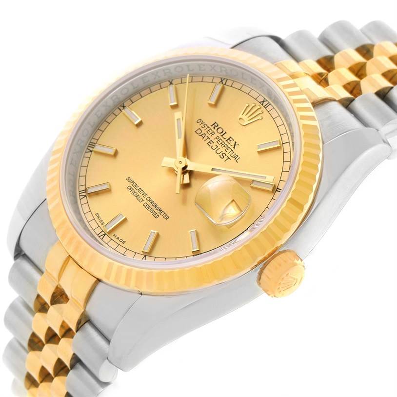 The image shows a Rolex Datejust 116233-CSJ Men
s Stainless Steel Champagne Dial 116233-CSJ Men
s Stainless Steel Champagne Dial watch at an angle highlighting the gold and silver bracelet, dial, bezel, and crown.