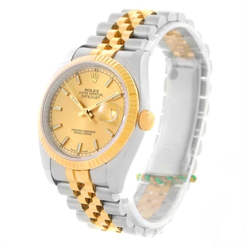 The Rolex Datejust 116233-CSJ Men
s Stainless Steel Champagne Dial 116233-CSJ Men
s Stainless Steel Champagne Dial model watch is shown at a three-quarter angle, highlighting the face, bezel, crown, and jubilee bracelet.