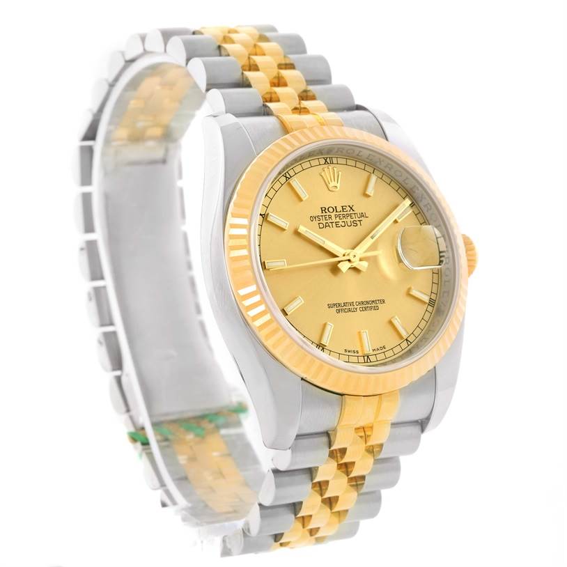 The image shows a Rolex Datejust 116233-CSJ Men
s Stainless Steel Champagne Dial 116233-CSJ Men
s Stainless Steel Champagne Dial watch from an angled side view, highlighting its two-tone band, gold bezel, and dial.