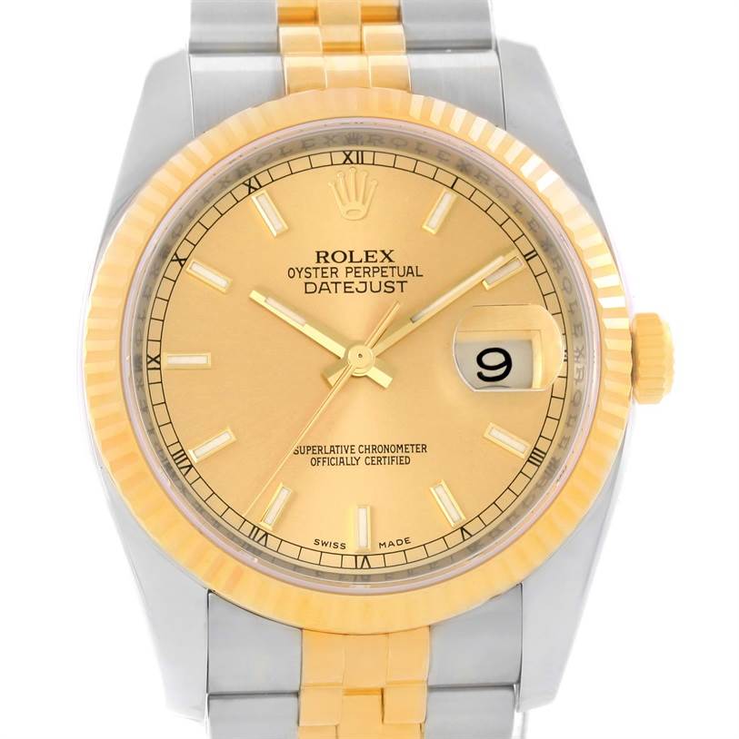 This is a close-up of the Rolex Datejust 116233-CSJ Men
s Stainless Steel Champagne Dial 116233-CSJ Men
s Stainless Steel Champagne Dial watch, showing the dial, bezel, crown, and part of the bracelet.