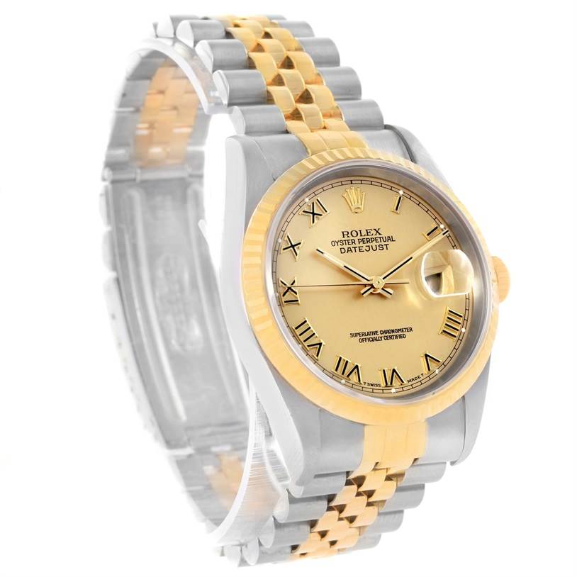 The Rolex Datejust 16233 Men
s Steel and Gold (two tone) Champagne Dial 16233 Men
s Steel and Gold (two tone) Champagne Dial watch is shown at a slight angle, displaying the dial, bezel, and two-tone bracelet.