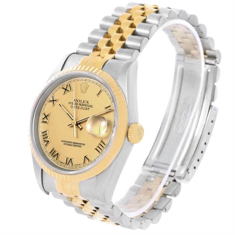 The image shows a Rolex Datejust 16233 Men
s Steel and Gold (two tone) Champagne Dial 16233 Men
s Steel and Gold (two tone) Champagne Dial watch at an angled view, highlighting the dial, bezel, and two-tone bracelet.
