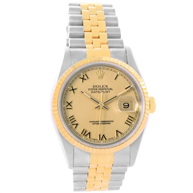 This Rolex Datejust 16233 Men
s Steel and Gold (two tone) Champagne Dial 16233 Men
s Steel and Gold (two tone) Champagne Dial watch is shown from the front, featuring its bezel, dial, hands, date window, and two-tone bracelet.