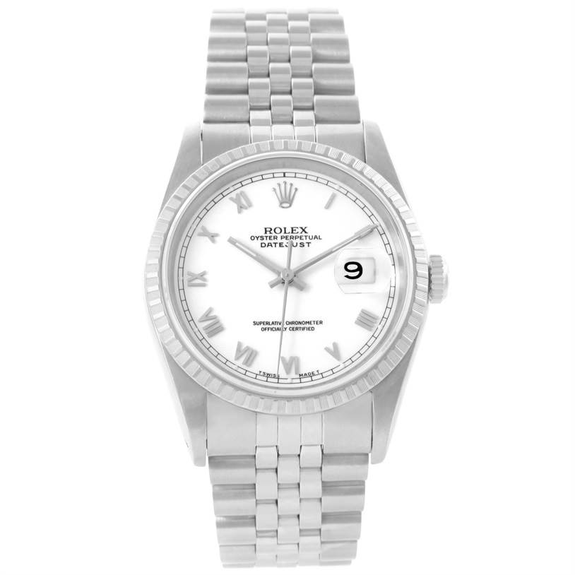 The Rolex Datejust 16220 Men's Stainless Steel White Dial 16220 Men's Stainless Steel White Dial watch is shown from a front angle, displaying the dial, bezel, bracelet, and date window.