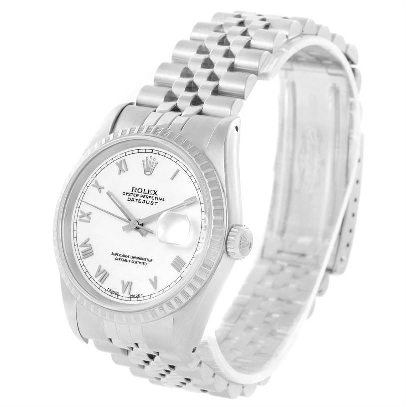 The image shows a Rolex Datejust 16220 Men's Stainless Steel White Dial 16220 Men's Stainless Steel White Dial watch from a slight right angle, highlighting the face, bezel, and bracelet.