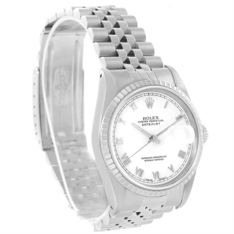 The image shows a Rolex Datejust 16220 Men's Stainless Steel White Dial 16220 Men's Stainless Steel White Dial watch at a three-quarter angle, highlighting its face, bezel, and part of the bracelet.