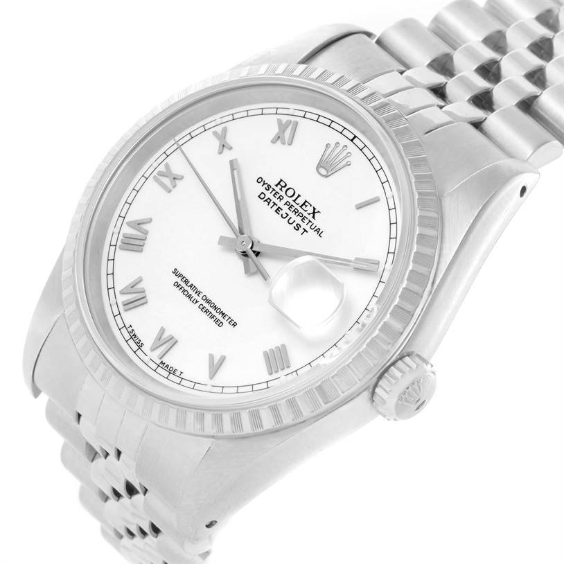 The image shows a Rolex Datejust 16220 Men's Stainless Steel White Dial 16220 Men's Stainless Steel White Dial watch from a slight side angle, highlighting the face, bezel, crown, and bracelet.