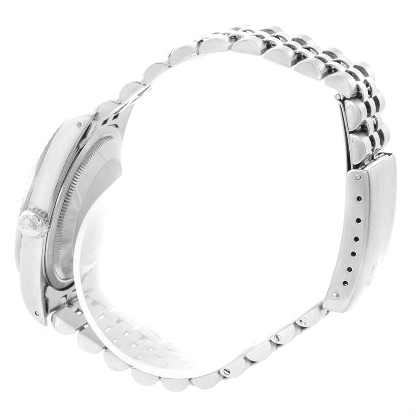 The image shows a side view of the Rolex Datejust 16220 Men's Stainless Steel White Dial 16220 Men's Stainless Steel White Dial watch, focusing on the bracelet and clasp.