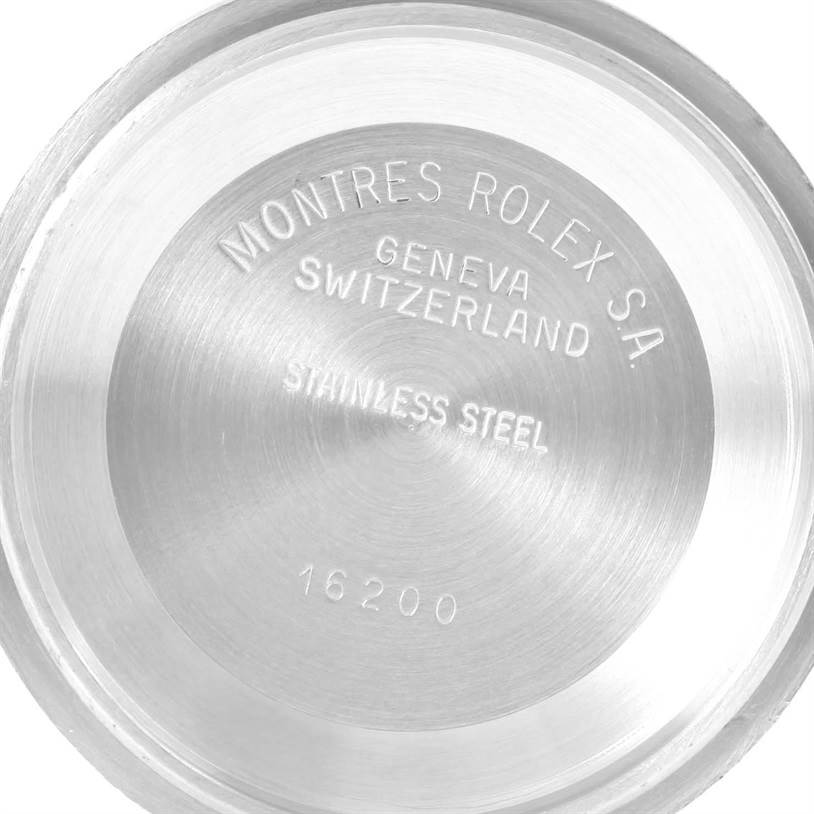 The image shows the inner case back of a Rolex Datejust 16220 Men's Stainless Steel White Dial 16220 Men's Stainless Steel White Dial watch, highlighting the "Montres Rolex S.A." engraving.