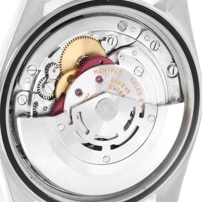 This image shows the internal components and gears of a Rolex Datejust 16220 Men's Stainless Steel White Dial 16220 Men's Stainless Steel White Dial watch's movement from the back.