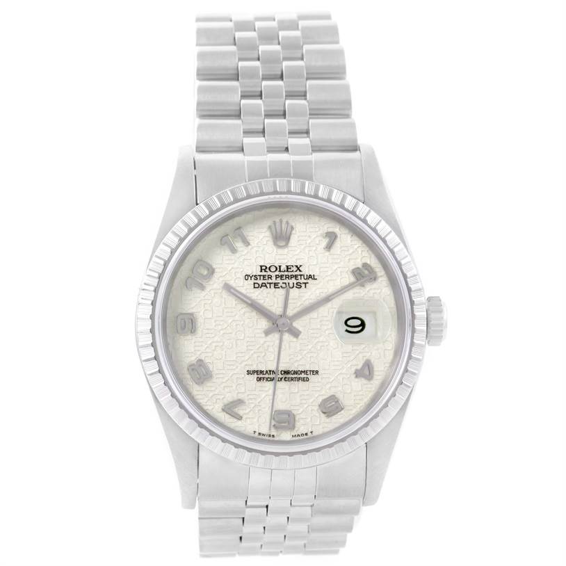 This is a front view of the Rolex Datejust 16220 Men's Stainless Steel Beige Dial 16220 Men's Stainless Steel Beige Dial model, showing the face, bezel, and bracelet.