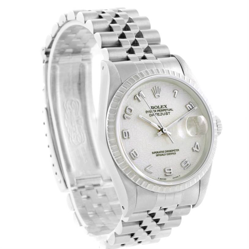 The image shows a Rolex Datejust 16220 Men's Stainless Steel Beige Dial 16220 Men's Stainless Steel Beige Dial watch at an oblique angle, highlighting its face, bezel, crown, and bracelet.