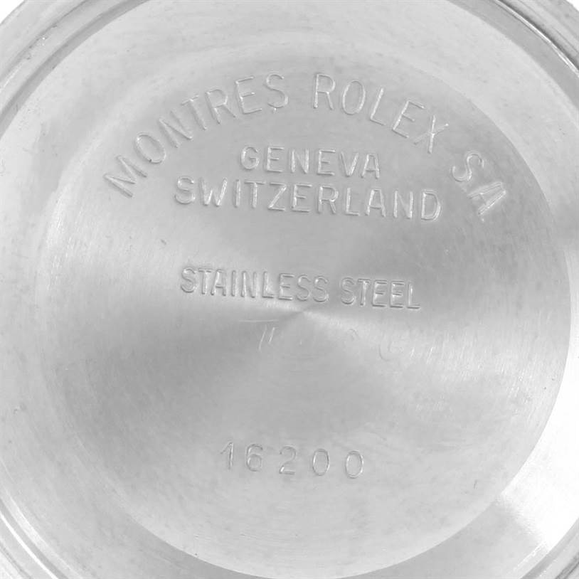 The image shows the inner case back of a Rolex Datejust 16220 Men's Stainless Steel Beige Dial 16220 Men's Stainless Steel Beige Dial watch, displaying engravings including the model number 16200.