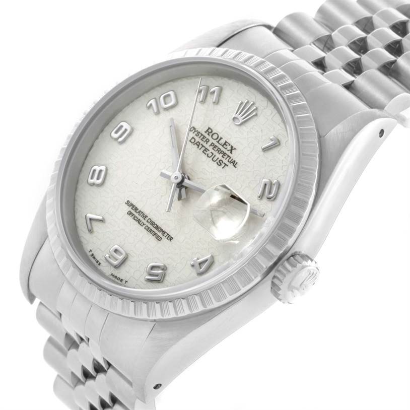 The Rolex Datejust 16220 Men's Stainless Steel Beige Dial 16220 Men's Stainless Steel Beige Dial watch is shown at an angle highlighting its face, bezel, and part of the bracelet.