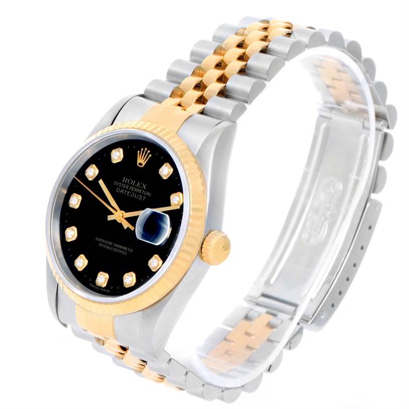 The image shows a Rolex Datejust 16233 Men
s Steel and Gold (two tone) Black Dial 16233 Men
s Steel and Gold (two tone) Black Dial watch angled from the front-left, highlighting the dial, bezel, bracelet, and crown.