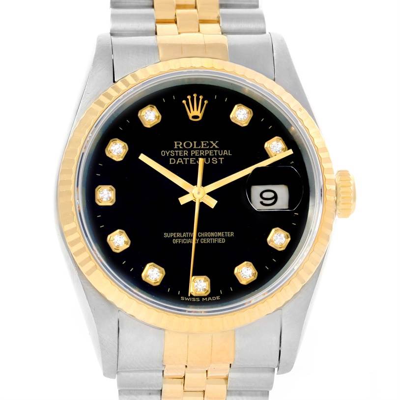 This Rolex Datejust 16233 Men
s Steel and Gold (two tone) Black Dial 16233 Men
s Steel and Gold (two tone) Black Dial watch is shown from the front, displaying the face, bezel, crown, and part of the bracelet.