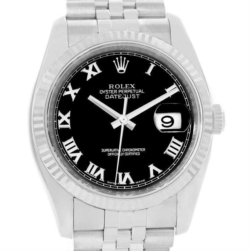 This is a close-up of a Rolex Datejust 116234 Men
s Stainless Steel Black Dial 116234 Men
s Stainless Steel Black Dial watch showing the face, bezel, crown, and part of the bracelet.