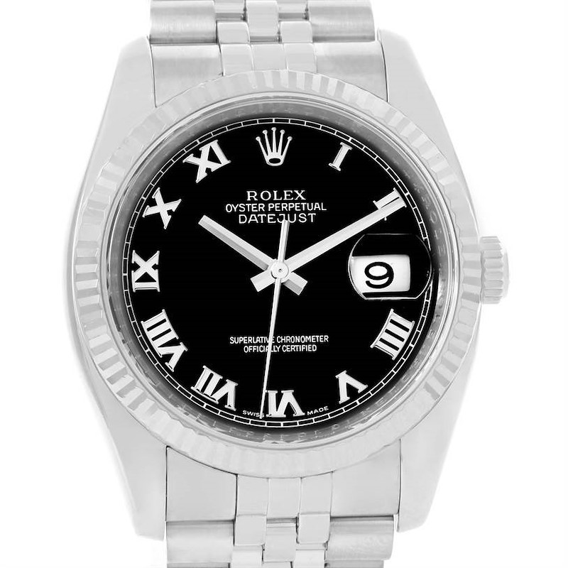 Rolex Datejust Steel 18K White Gold Black Roman Dial Watch 116234 SwissWatchExpo