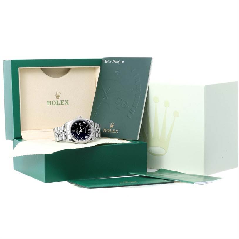 The image shows a Rolex Datejust 116234 Men
s Stainless Steel Black Dial 116234 Men
s Stainless Steel Black Dial watch at a front angle, its box, and accompanying booklets.