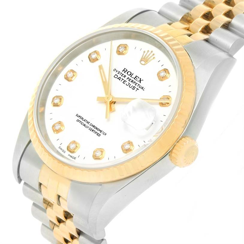 The Rolex Datejust 16233 Men's Steel and Gold (two tone) White Dial 16233 Men's Steel and Gold (two tone) White Dial watch is shown at a tilted close-up angle, highlighting the dial, crown, and two-tone bracelet.