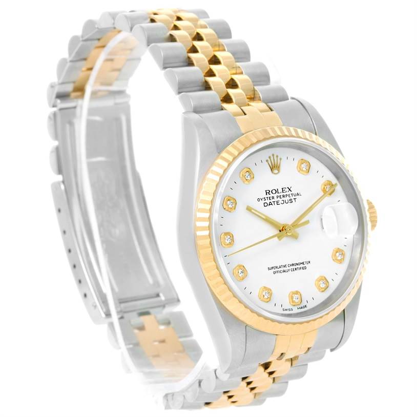 The image shows a Rolex Datejust 16233 Men's Steel and Gold (two tone) White Dial 16233 Men's Steel and Gold (two tone) White Dial watch at a three-quarter angle, displaying the face, bezel, and Jubilee bracelet.
