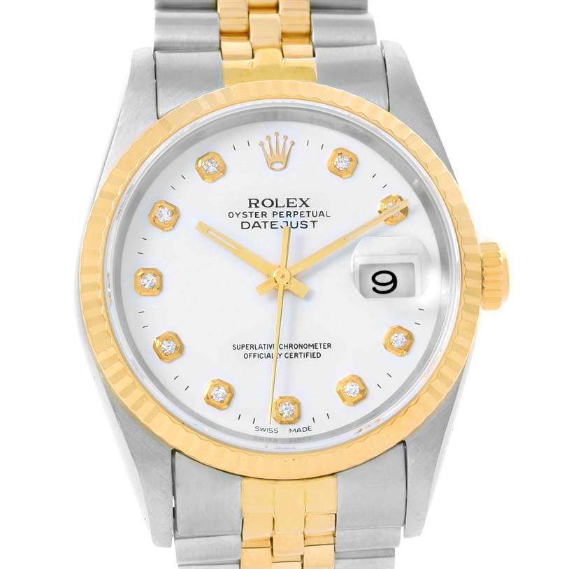 This image shows a front view of a Rolex Datejust 16233 Men's Steel and Gold (two tone) White Dial 16233 Men's Steel and Gold (two tone) White Dial watch featuring a two-tone bracelet, white dial, and date window.