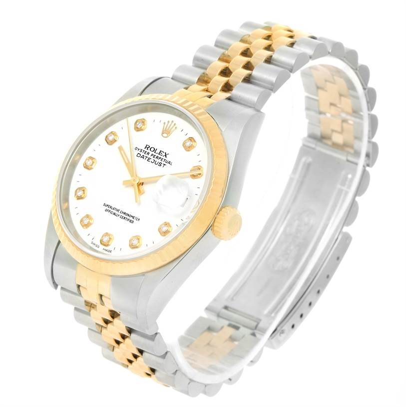 The Rolex Datejust 16233 Men's Steel and Gold (two tone) White Dial 16233 Men's Steel and Gold (two tone) White Dial watch is shown at a three-quarter angle, displaying the dial, bezel, crown, and bracelet.