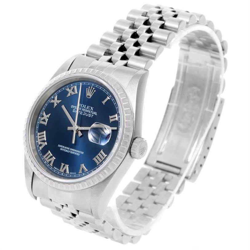 The Rolex Datejust 16220 Men's Stainless Steel Blue Dial 16220 Men's Stainless Steel Blue Dial watch is shown at a three-quarter angle, highlighting its face, crown, bezel, and bracelet clearly.