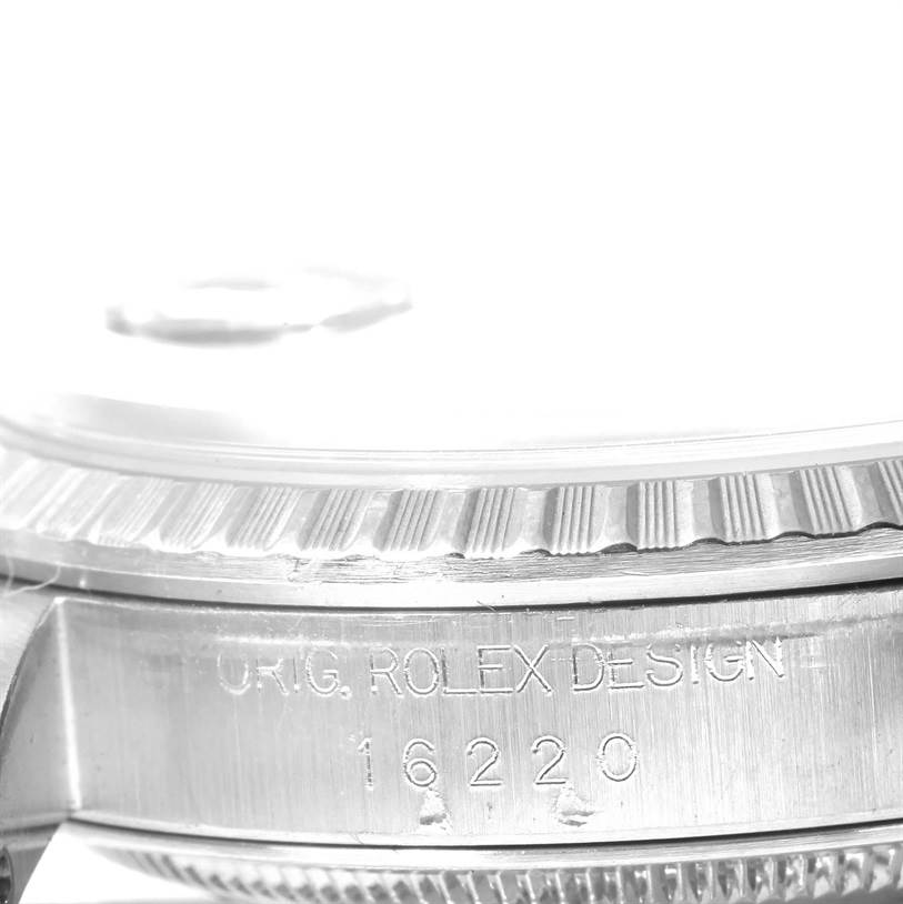 The image shows a close-up angle of the side of the Rolex Datejust 16220 Men's Stainless Steel Blue Dial 16220 Men's Stainless Steel Blue Dial watch, highlighting the model number 16220.