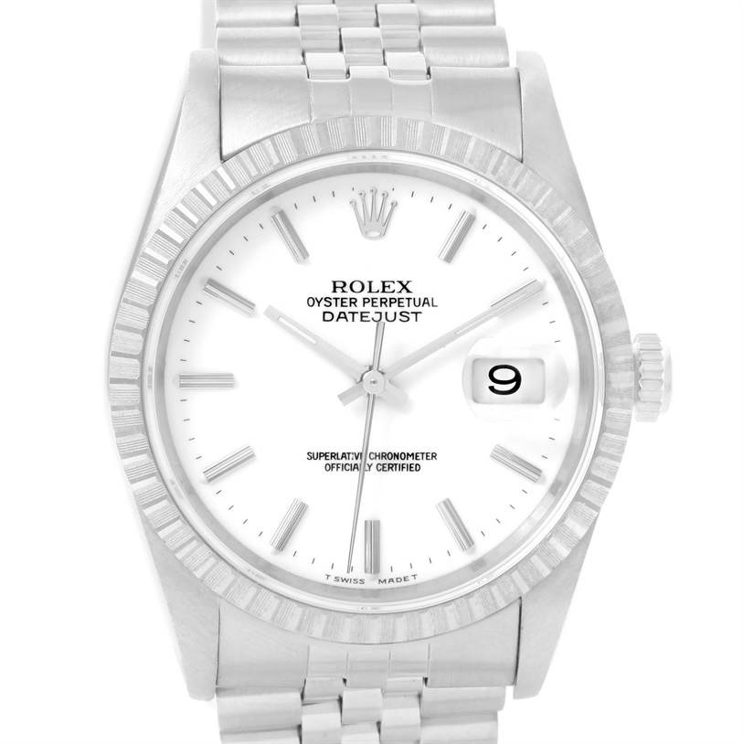 This image shows a front view of a Rolex Datejust 16220 Men's Stainless Steel White Dial 16220 Men's Stainless Steel White Dial watch with a white dial and fluted bezel.