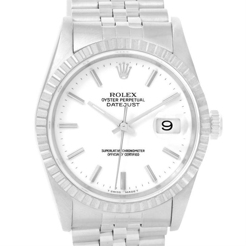 Rolex Datejust Stainless Steel White Baton Dial Mens Watch 16220 SwissWatchExpo