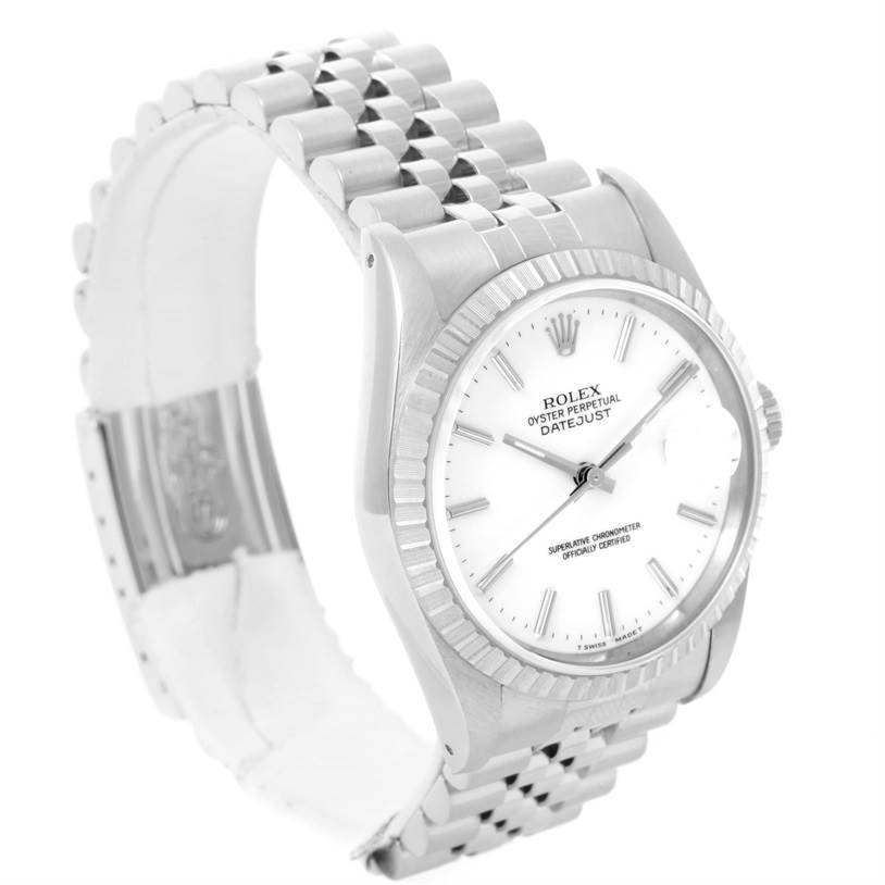 The image shows a Rolex Datejust 16220 Men's Stainless Steel White Dial 16220 Men's Stainless Steel White Dial watch from an angled side view, displaying its bracelet, dial, and fluted bezel.