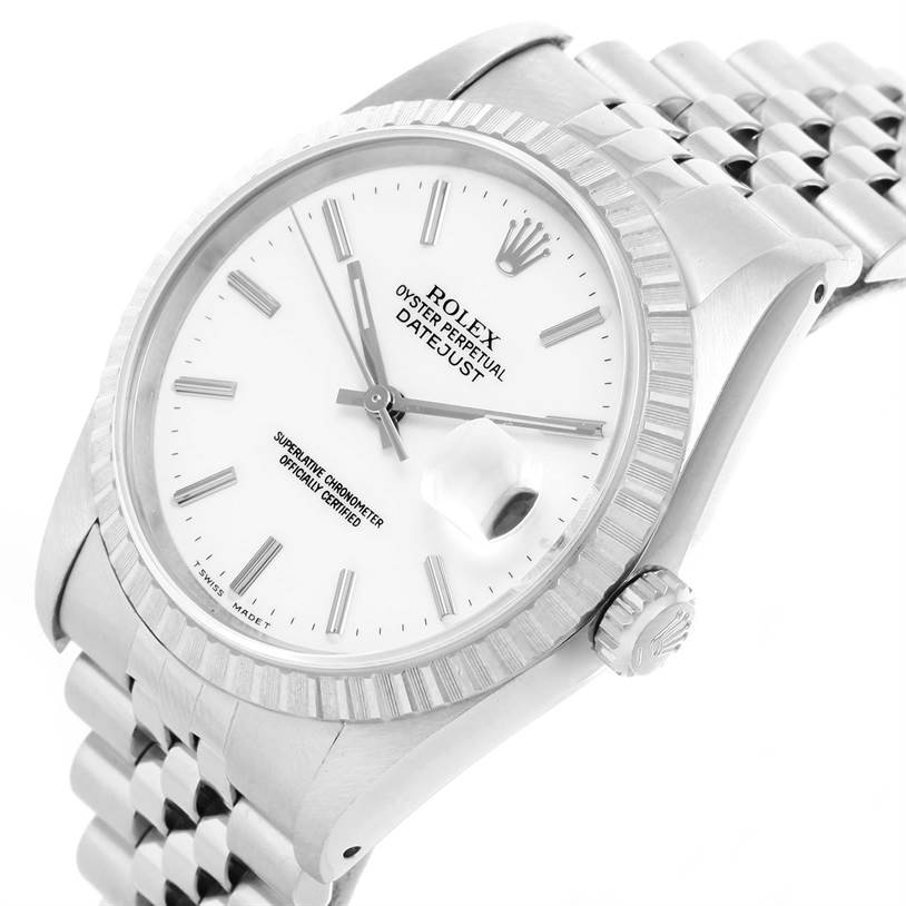 The image shows a Rolex Datejust 16220 Men's Stainless Steel White Dial 16220 Men's Stainless Steel White Dial watch at a three-quarter angle, displaying the face, bezel, crown, and part of the bracelet.
