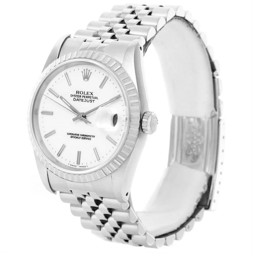 The image shows a Rolex Datejust 16220 Men's Stainless Steel White Dial 16220 Men's Stainless Steel White Dial watch at a slight angle from the front, highlighting the dial, case, crown, and partially open bracelet.